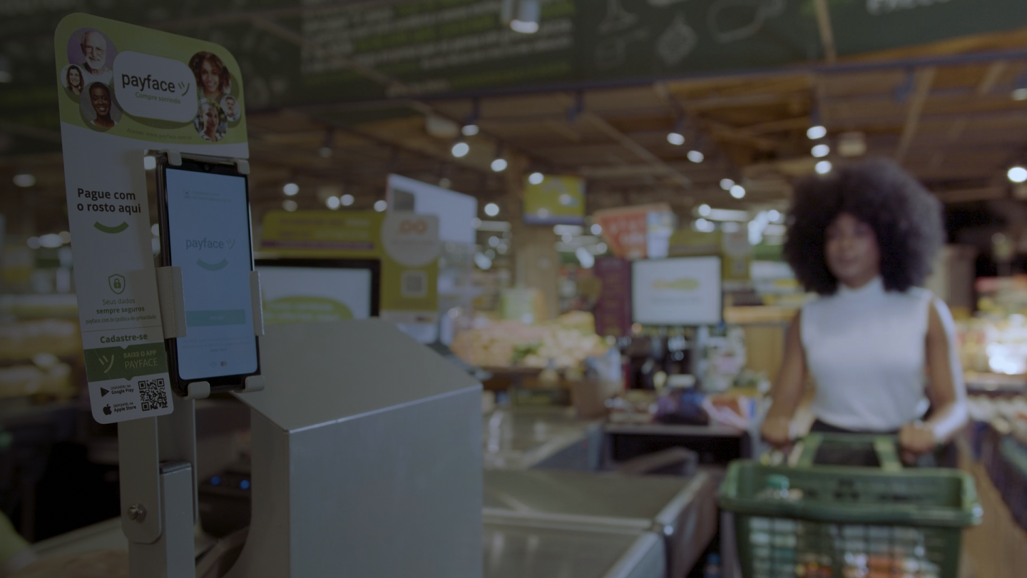 Payface terminal at a grocery checkout lane